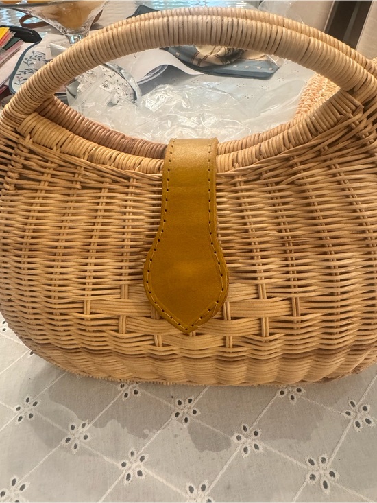 Handbags - Woven Straw Satchel with Mustard Leather Tab